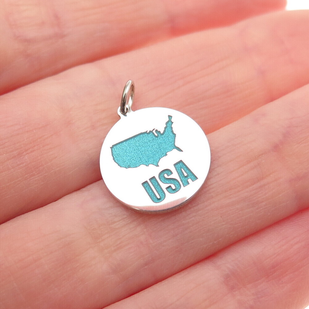 925 Sterling Silver Turquoise Enamel USA Map Round Tag Mini Charm Pendant